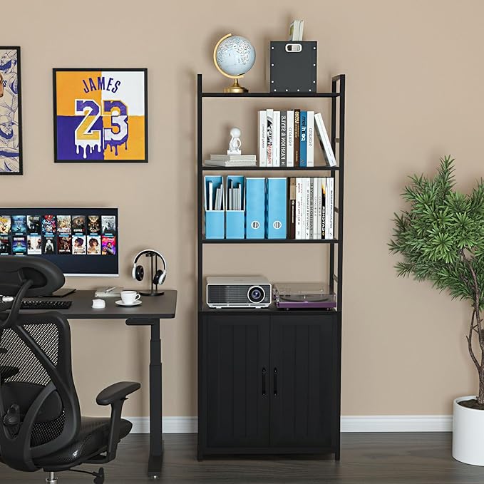 Black Bookshelf with Doors,70" Tall Bookcase with Storage Cabinet,6 Tier Book Shelf for Living Room/Bedroom/Office/Kitchen,70"(H)*26"(L)*11.8"(W)