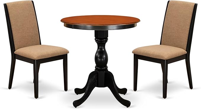 East West Furniture ESLA3-BCH-47 3 Piece Modern Dining Table Set Contains a Round Wooden Table with Pedestal and 2 Light Sable Linen Fabric Upholstered Chairs, 30x30 Inch, Black & Cherry