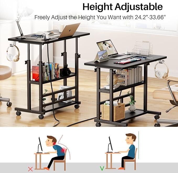 Adjustable Height Standing Desk with Power Outlets, Rolling Stand Up Desk with Storage Shelves, 31.5" Small Mobile Computer Desk, Portable Laptop Table (Black)