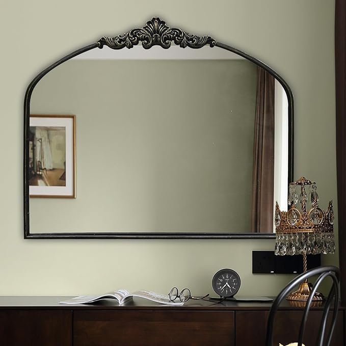 WAMIRRO Arched Mirror,Black Traditional Vintage Ornate Baroque Mirrors,Antique Brass Mirrors for Entryway/Fireplace/Living Room/Hallway/Bathroom.30“X36“ Balck