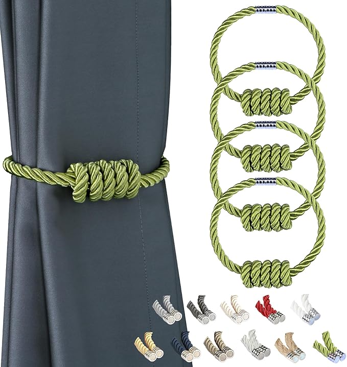 BEL AVENIR Magnetic Curtain Tiebacks, Decorative Drapery Holdbacks Modern Woven Tie-Backs with Exquisite Knot (Green, 4 Pack)