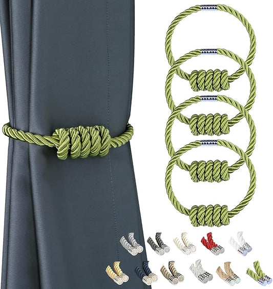 BEL AVENIR Magnetic Curtain Tiebacks, Decorative Drapery Holdbacks Modern Woven Tie-Backs with Exquisite Knot (Green, 4 Pack)