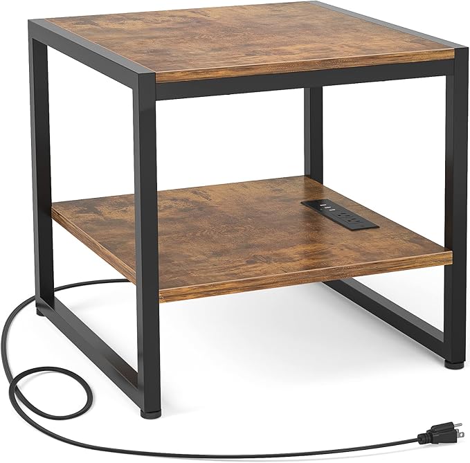 Homieasy End Table with Charging Station, 20 Inch Mini Fridge Stand with 2-Tier Open Shelf, Square Bedside Nightstand & Sofa Side Table for Living Room, Dorm, Office,Rustic Brown