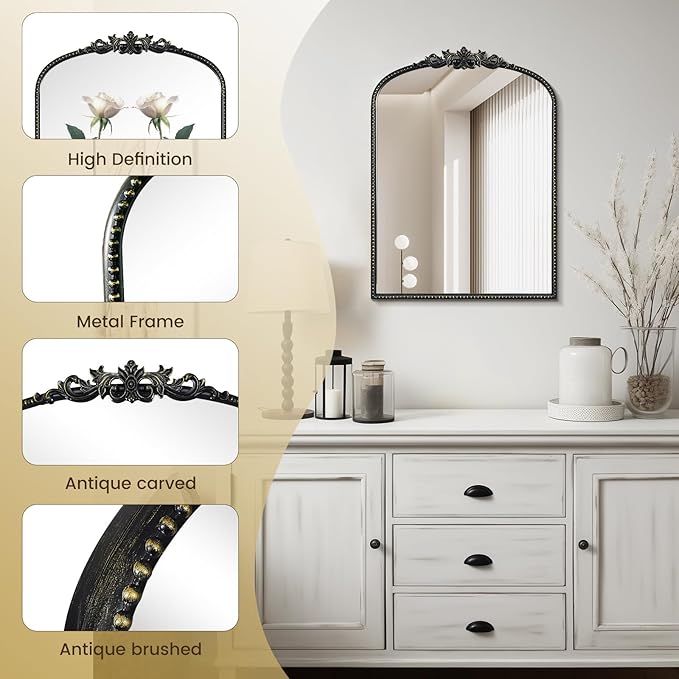 WallBeyond Gold Vintage Mirror for Vanity 22x30 Inch, Black Antique Mirror with Ornate Frame, Arched Vintage Wall Mirror for Bathroom, Living Room, Fireplace, Entryway