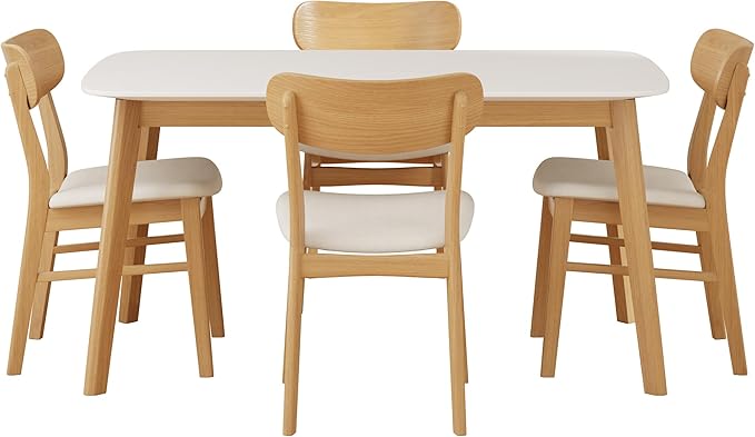 Merax 5-Piece Dining Set, Solild Wood Table & Chairs with Backrests for 4, Farmhouse Natural Kitchen Furniture for Home, Dining Room, Natural Oak+Beige