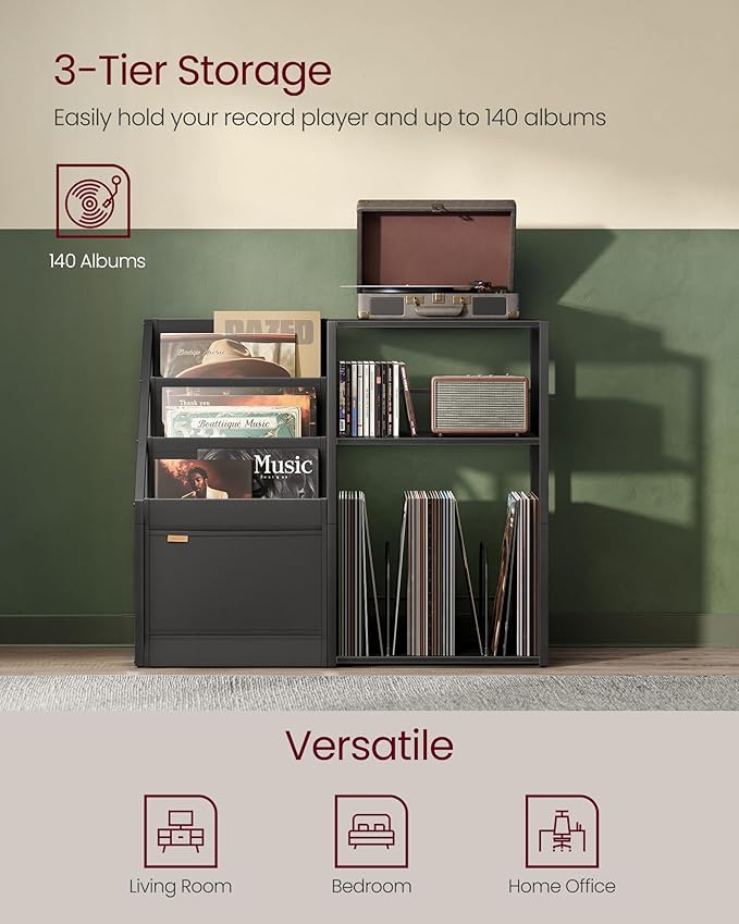 VASAGLE Record Player Stand, 3-Tier Side Table, Vinyl Record Storage up to 140 Albums, End Table for Living Room, Bedroom, Ebony Black ULET276B01