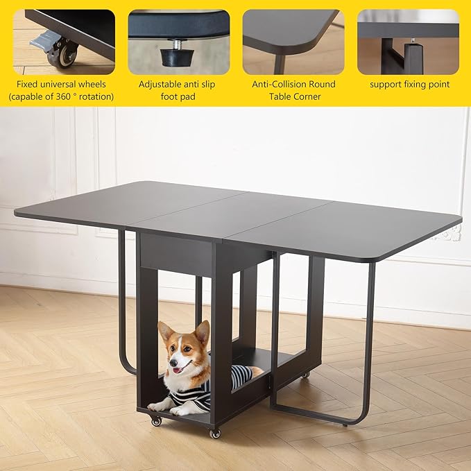 Folding table and chair set, dining table with extra large storage space and 4 universal wheels, matched with padded steel frame folding chairs, space-saving dining table and 4 chairs (Black)