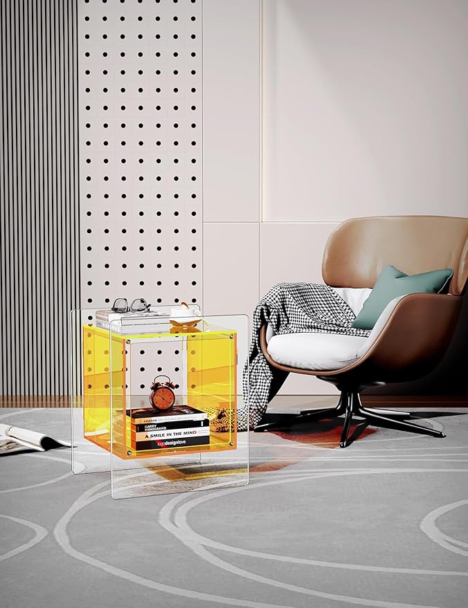 Acrylic Nightstand Colorful Bedside Table with Open Storage Shelf,Clear Side Table for Living Room (1, Yellow)