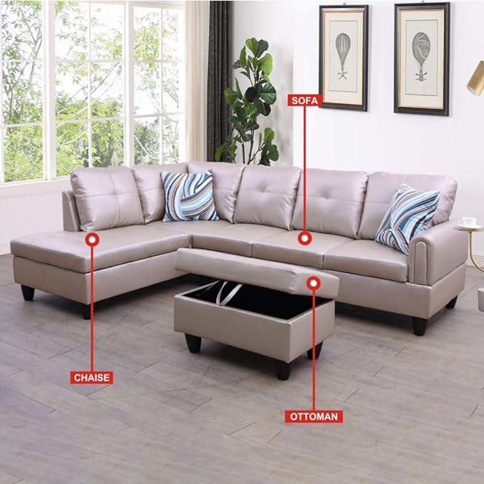 Latte L-Shaped 3-Piece Faux Leather Sofa with Storage Ottoman Set, Sectional Couch Sofa Set for Living Room, Office, Small Space