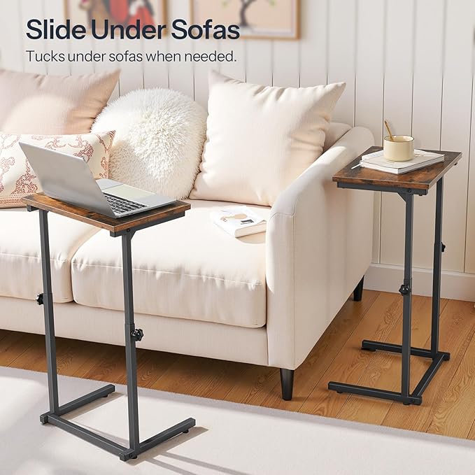 HOOBRO C Shaped End Table, Adjustable Height Side Table for Sofa, Couch Table for Small Space, Slide Under Small Tray Side Table for Living Room, Bedroom, Rustic Brown and Black BF71SF01
