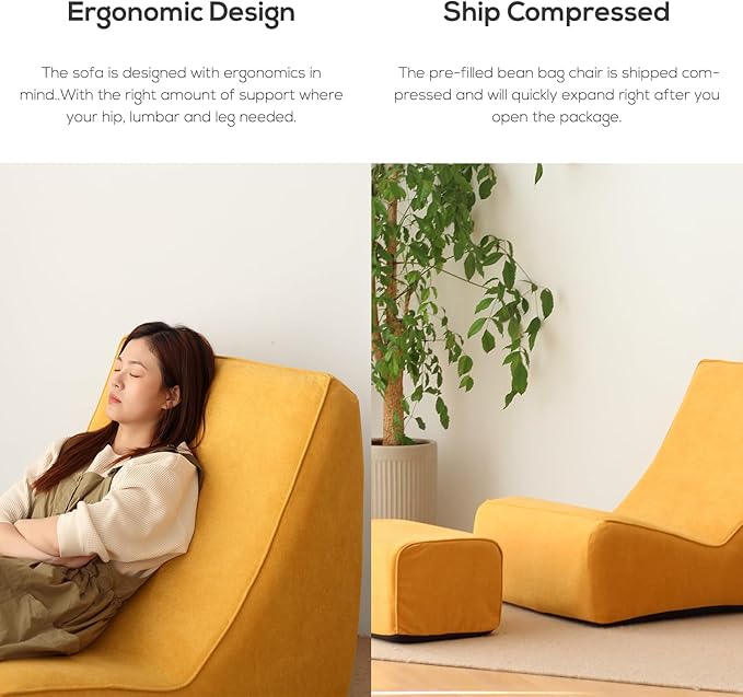 N&V Bean Bag Chair Single Seated Foam Sofa Armless Floor Sofa with High Density Foam Removable and Machine Washable Cover (Burnt Yellow, Large, No Stripes)