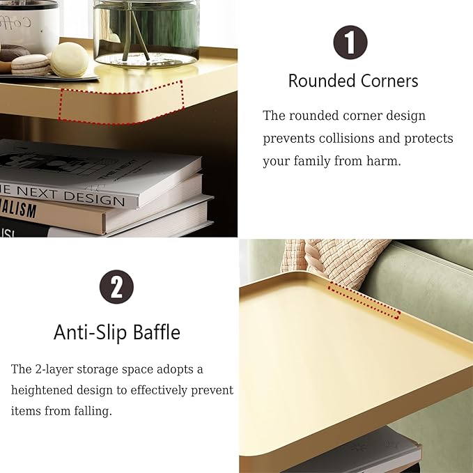 Gold Nightstand with Storage, 2 Tier Small End Tables Bedroom, Modern Side Tables Living Room with 4 Legs, Square Accent Table for Small Spaces Indoor Outdoor, Easy Assembly