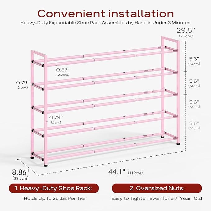 Bumusty 5-Tier Long Expandable Shoe Rack for Closet, 18"-44" Adjustable Shoe Rack for Entryway, 25-30 Pairs Large Shoe Organizer Shelf Storage, Sturdy Metal, Pink