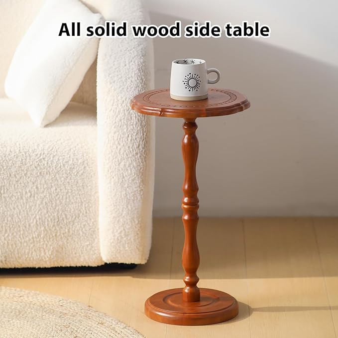 Solid Wood Side Table, Small Drink Table for Small Spaces, Round Vintage Pedestal End Tables for Living Room, Bedroom, Plant, Accent for Corners
