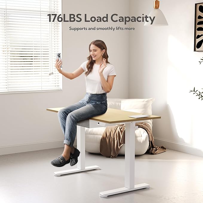 Seang Standing Desk with Drawer, 48" x 24" Height Adjustable Stand Up Desk, 3 Memory Height Settings with Cable Grommets & Storage Hooks, Ideal for Home & Office, Nature