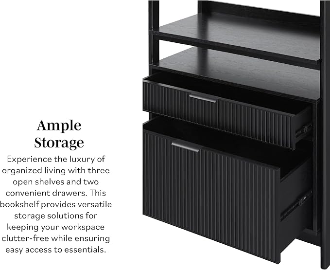 Walker Edison Transitional Open Reeded 4-Shelf Bookshelf with Drawers Versatile Bookcase with Bottom Storage for Home Office, Living Room, Bedroom, 33 Inch, Black