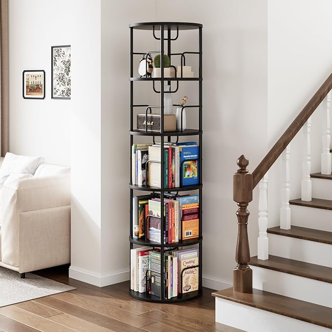5 Tier Rotating Bookshelf, 360 Display Spinning Corner Bookshelf, Space-Saving Metal Frame Bookcase for Living Room, Office, Bedroom, Black