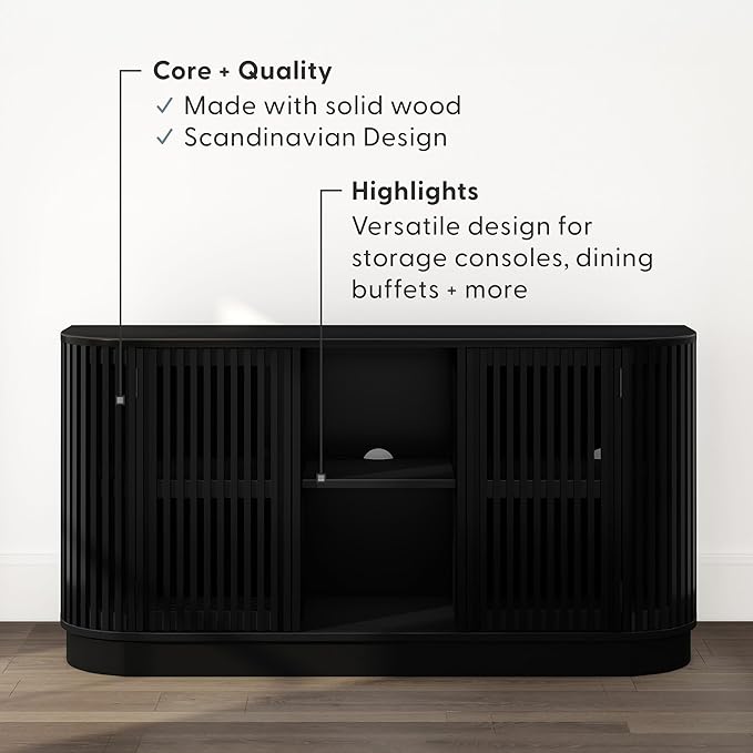Plank+Beam Contour Wood TV Stand, Two Door Solid Wood Entertainment Console with Storage, 59" L x 16" W x 30" H, Black