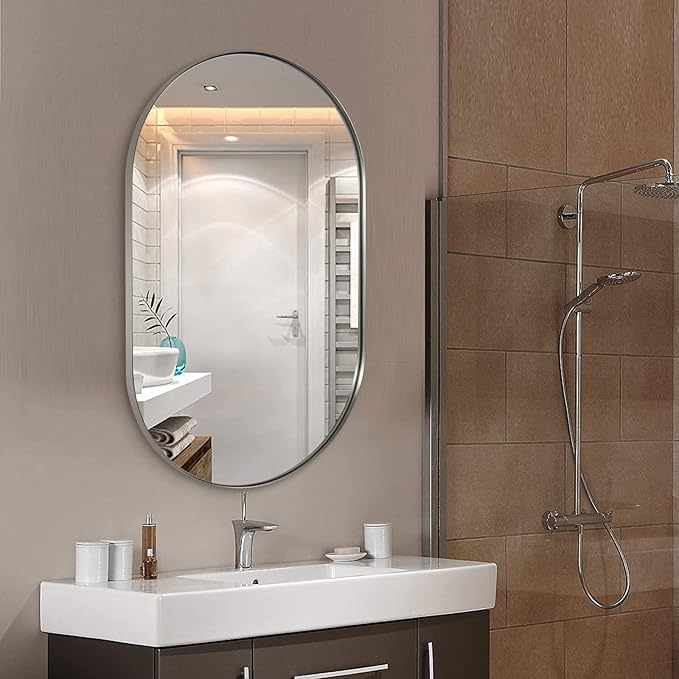 ANDY STAR Brushed Nickel Oval Bathroom Mirror, 24x36 Nickel Pill-Shaped Mirror, Oval Mirrors Wall-Mounted Mirror Vertical/Horizontal