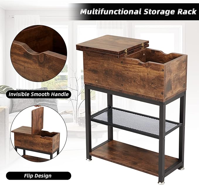 Flip Top End Table for Living Room, 28 inch Side Table, 12" D x 24" W x 28" H, Narrow Side Table with Drawer, 8.4" Deep Drawer, End Table with Charging Station, Steel X-Shaped Frame, Rustic Brown