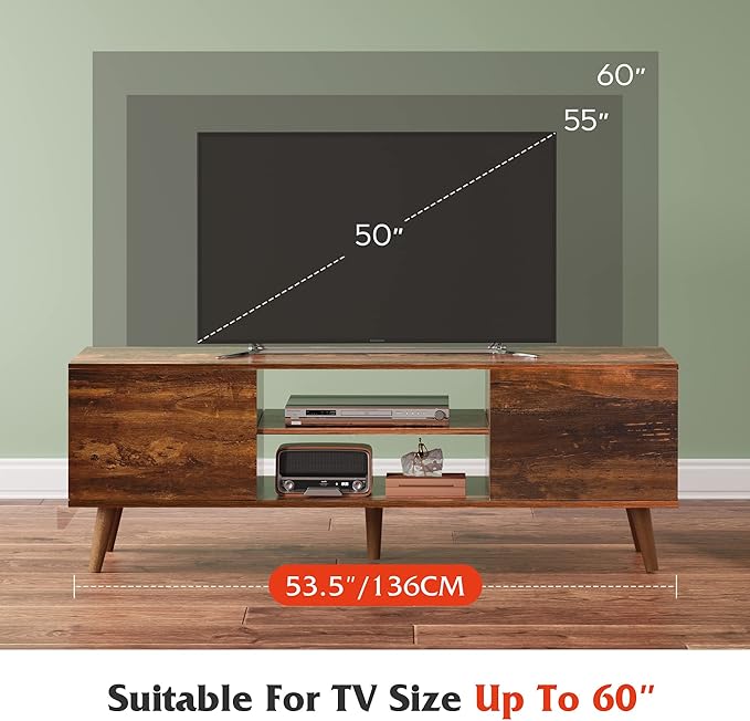 WLIVE TV Stand for 55 60 inch TV, Mid Century Modern TV Console, Entertainment Center with Storage for Living Room, Retro Brown