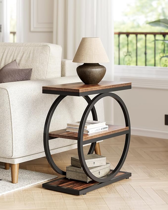 LITTLE TREE End Table Set 2, Side Table with 3 Tiers Shelves, Slim Sofa Side Table for Living Room, Tall Bedside Table Nightstand for Bedroom, Rustic Brown and Black