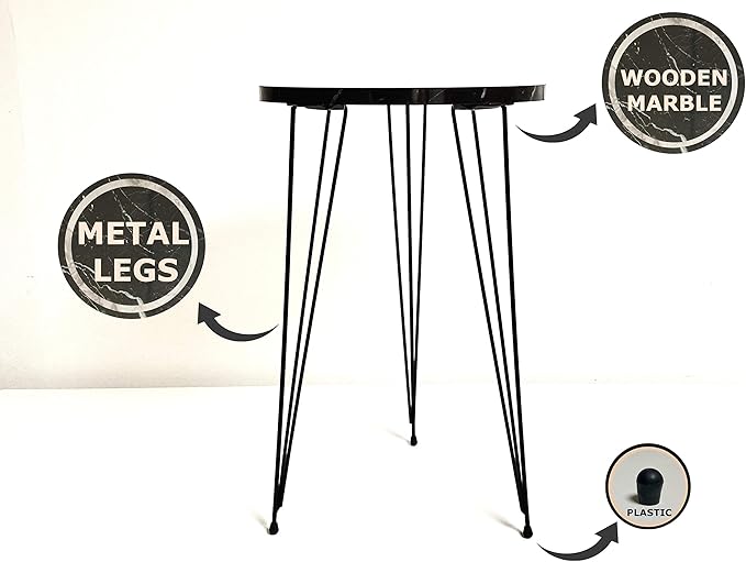 PAK HOME Set of 2 Black Marble End Tables Round Wood Sofa Side Coffee Tables for Small Spaces, Nightstand Bedside Table with Metal Legs for Bedroom, Living Room, Office, Balcony