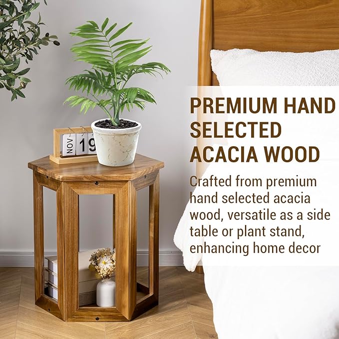 MyGift Premium Acacia Solid Wood Hexagon Designer End Table, 20 Inch Tall Wooden Living Room Sofa Side Table, Hexagonal Tabletop Plant Stand Home Furniture