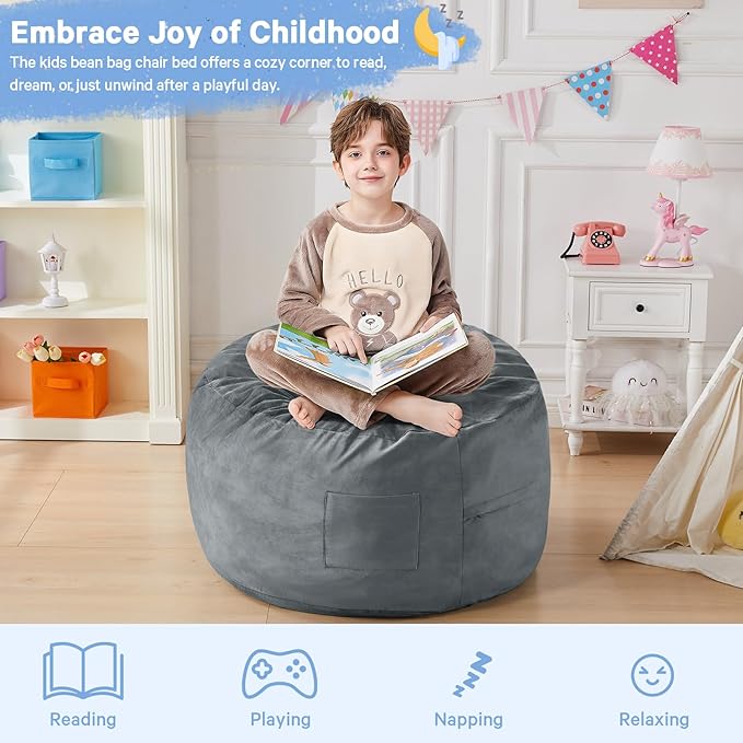 Kids Bean Bag Chair Bed - Convertible Lazy Chair to Floor Mattress with Filler - Small Beanbag Chair for Boys and Girls - Floor Couch Sofa in Bedroom, Classroom, Reading Nook - Charcoal