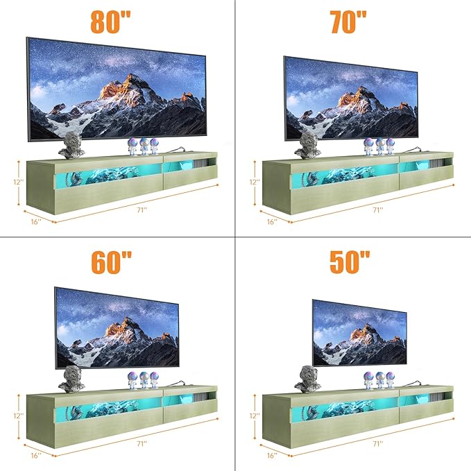 Floating TV Stand with Led Lights, 71 inch Wall Mounted TV Shelf with Power Outlet, Modern Entertainment Center Media Console with Storage Cabinet, Up to 80 Inch TVS, Green