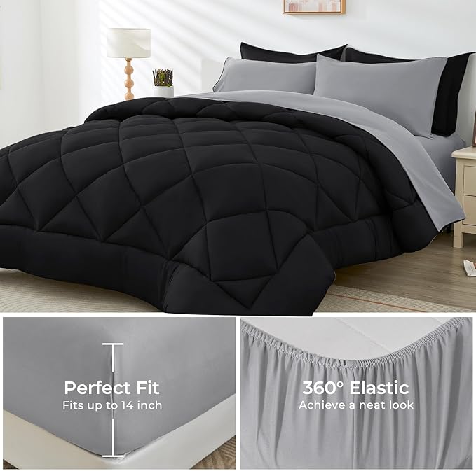 HEVUMYI King Comforter Set - 7-Piece All Season Bed in a Bag King, Ultra Soft Bedding Set with Comforter, Flat Sheet, Fitted Sheet, Pillowcases, Pillow Shams, Black & Light Grey