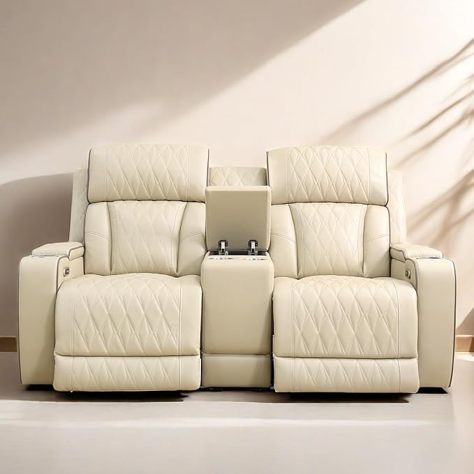 Loveseat Recliner Sofa, Reclining Loveseat Leather Couch with Storage Console, Modern Comfy Home Theater Seating Power Recliner Chair with Cup Holders for Living Room Furniture Sets, Khaki