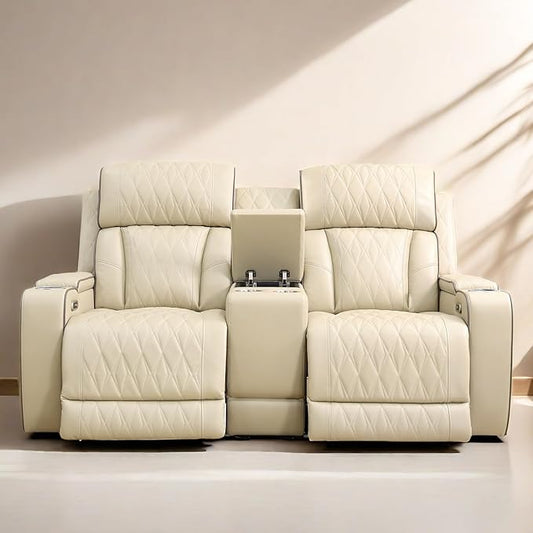 Loveseat Recliner Sofa, Reclining Loveseat Leather Couch with Storage Console, Modern Comfy Home Theater Seating Power Recliner Chair with Cup Holders for Living Room Furniture Sets, Khaki