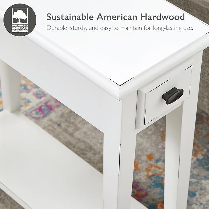 Haven Ridge Narrow End Table, Solid Wood Side Table with Drawer and Shelf, Farmhouse White, Perfect for Living Rooms, Bedrooms, and Small Spaces – Leick Home, 214361
