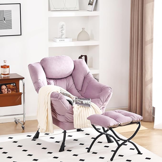Lazy Chair with Ottoman, Modern Chair with Folding Footrest, Lounge Accent Chair, Comfortable Reading Chair (Velvet Light Purple)