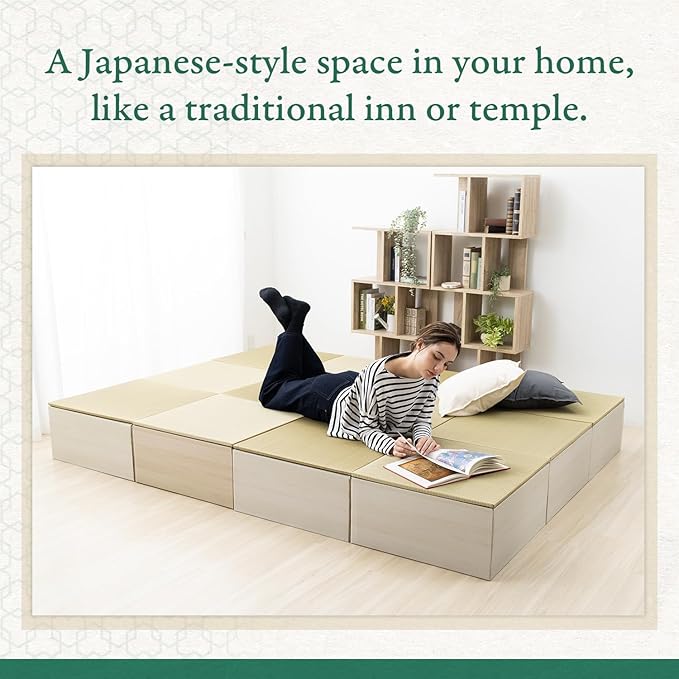 BJDesign Square Tatami Bench and Raised Platform Unit | Japanese Style Igusa Rush Grass Top | Wood Grain White, 24x24x11.6in | Easy Assembly, Durable | 1 Set