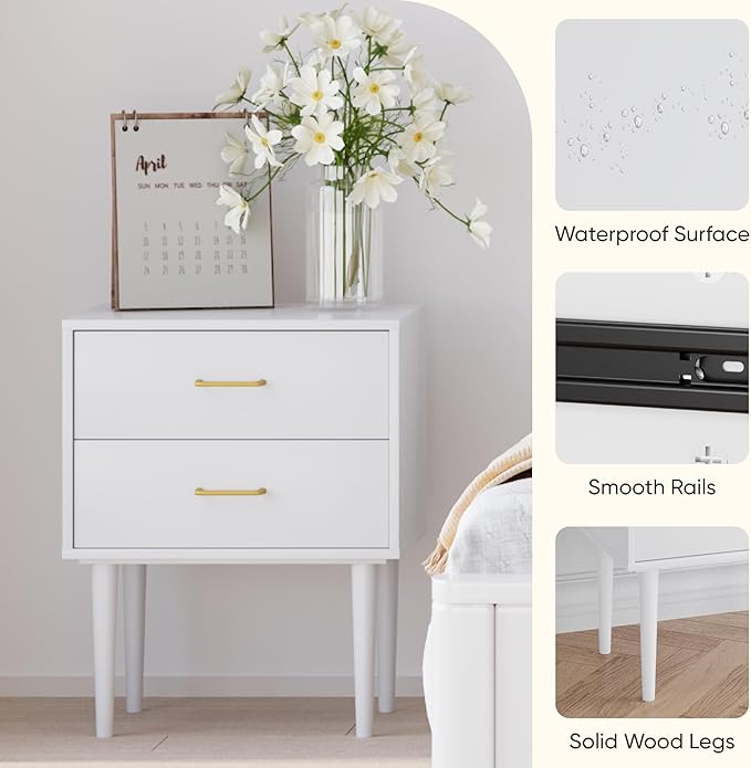 26 H White Nightstand with 2 Drawers, Small Night Stand with Gold Handles, Bedside Table with Solid Wood Legs, Tall Nightstands for Bedroom