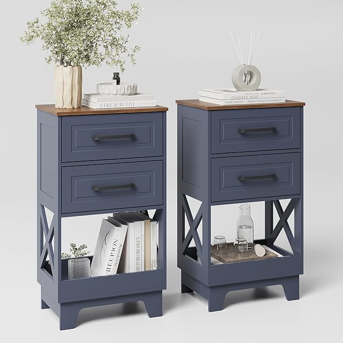 Tall Nightstand Set of 2 Side Table with 2 Drawers Modern Night Stand Wooden Rustic End Table Bedside Table with Below Open Shelf Solid Feet for Bedroom, Living Room, Navy Blue+Walnut