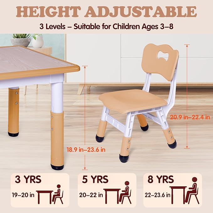 Kids Table and 2 Chairs Set, Height Adjustable Toddler Study Table and Chair Set, Kid Size for Ages 3-8 Children, Graffiti Desktop, Easy to Wipe/Arts & Crafts, Homes/Classrooms/Daycare (Beige)