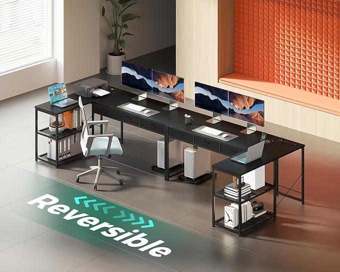 AODK 61 Inch L Shaped Computer Desk with Drawers, Corner Desk with Power Outlets & Reversible Storage Shelves, Movable CPU Stand for Home Office Gaming, Black