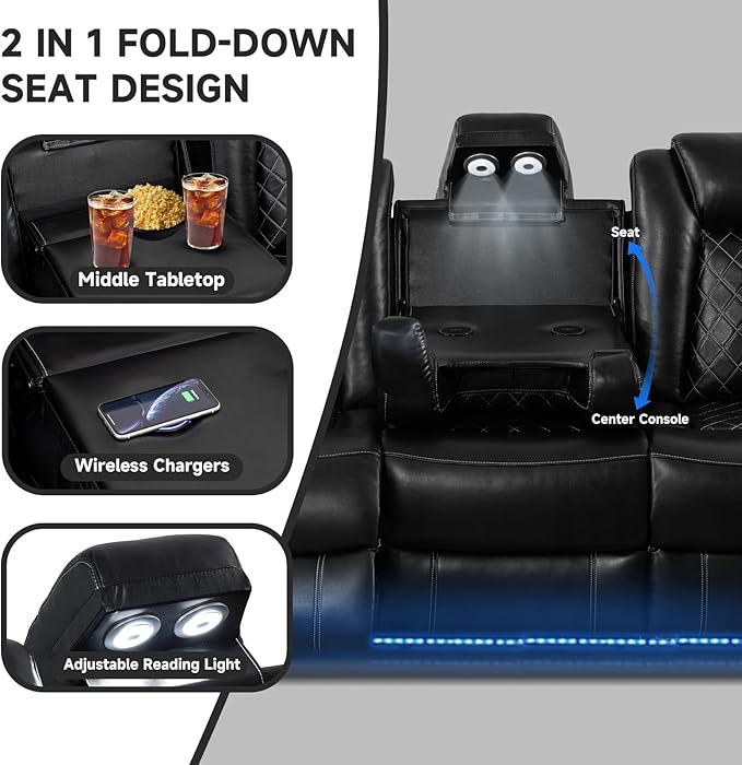 PU Leather Power Wall Hugger Chair Double Reclining Sectional Sofa 3-Seater Loveseat Couch with Reversible Coffee Table, Wireless Chargers, USB Port and Ambient LED Light for Living Room RV Theater