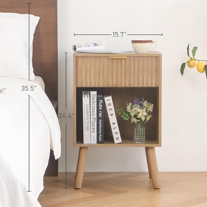Night Stand with Drawer, Mid Century Nightstand with Storage, Modern Fluted Bedside Table Bedroom Living Room for Small Space, Office (Rustic Walnut)