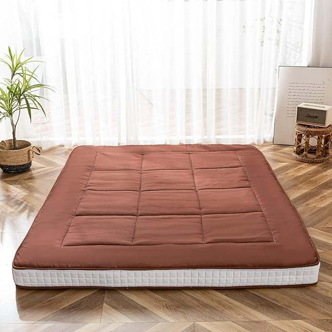 MAXYOYO Futon Mattress, Japanese Floor Mattress Queen Size, Quilted Bed Mattress Topper, Extra Thick Folding Sleeping Pad Breathable Floor Lounger Guest Bed for Camping Couch, Coffee