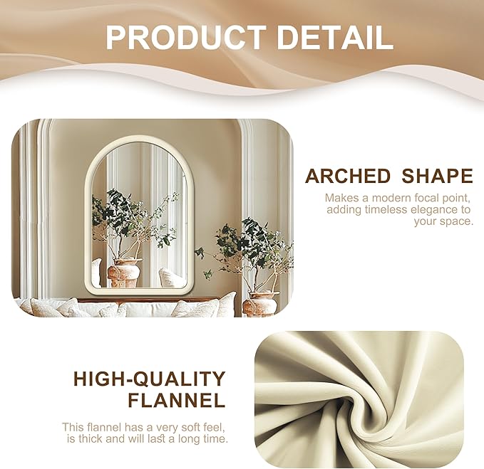 36"x24" Arched Bathroom Mirror, Wall Mounted Vanity Velvet Frame Mirror for Bedroom, Entryway, Living Room, Cream White