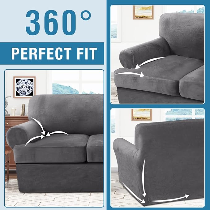 H.VERSAILTEX 4 Piece T Cushion Sofa Slipcovers Thick Velvet Stretch Couch Cover Furniture Protector for 3 Couch Covers with 3 Individual T Cushion Covers Washable, Grey