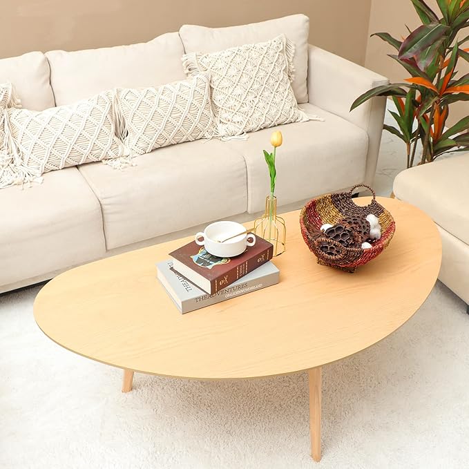 FIRMINANA Mid Century Modern Coffee Table,Large Oval Shape for Living Room,Oval Small Mangotop Coffee Table for Small Spaces Nature Wood-47.3" W x23.63 D x 17.72" H