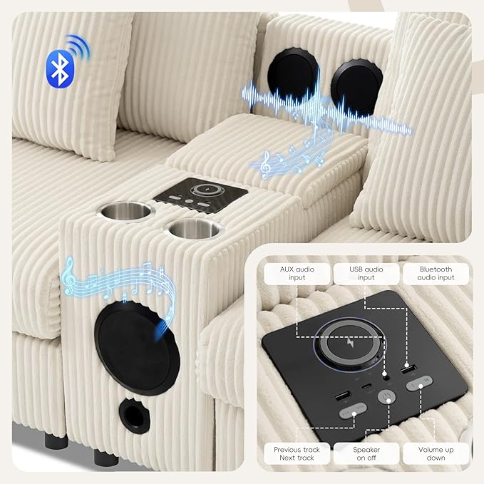 Merax 114 * 64" Corduroy Sectional Couches with Bluetooth Speakers, Storage, Ottoman & Pillows, Upholstered Modular Sofa Chaise with Console, USB Charger, Cup Holders for Living Room Apartment, Cream