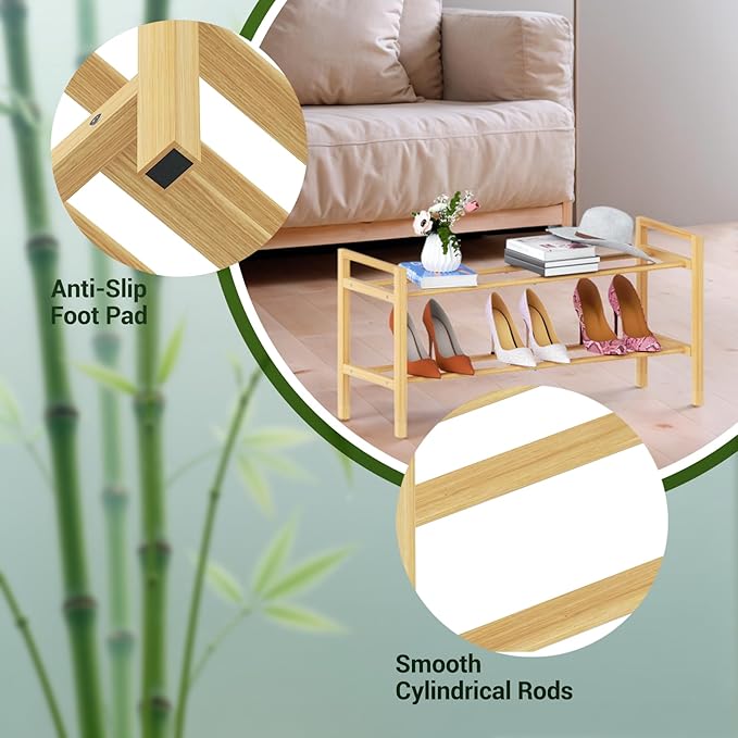 Haddockway Bamboo Shoe Rack for Closet, Free Standing Shoe Organizer with Smooth Round Rods & Convenient Handles, Stackable Shoe Storage Shelf for Entryway, Hallway(Natural, 2-Tier)