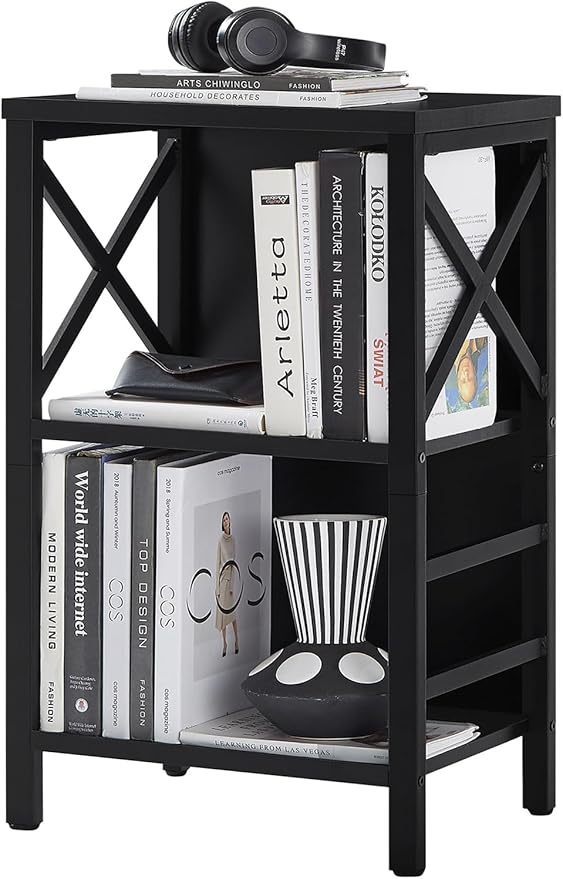 Small Bookshelf,3 Tier Industrial Bookcase with Metal Frame and Backboard,Low Black Book Shelf,Book case for Small Spaces,Living Room,Bedroom and Home Office