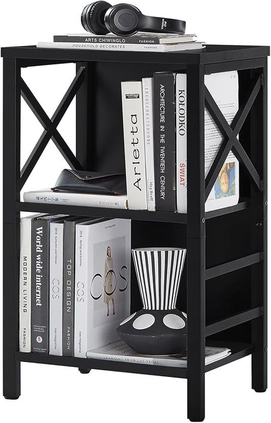 Small Bookshelf,3 Tier Industrial Bookcase with Metal Frame and Backboard,Low Black Book Shelf,Book case for Small Spaces,Living Room,Bedroom and Home Office